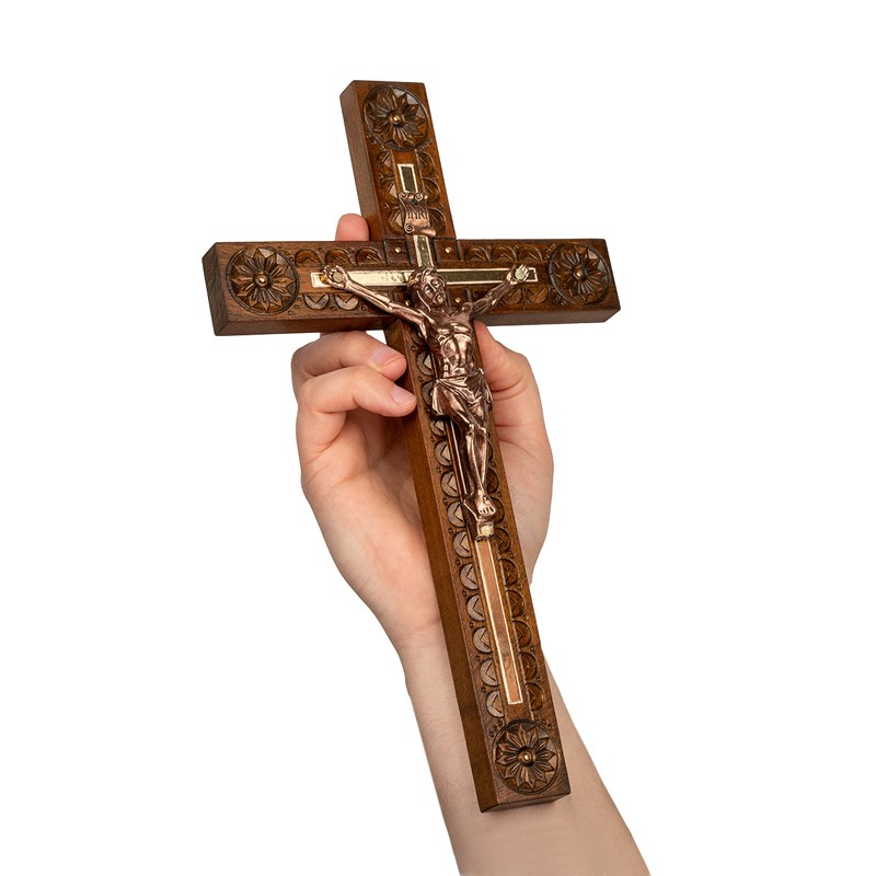 Woodvio - Hand carved wooden wall cross, Catholic crucifix