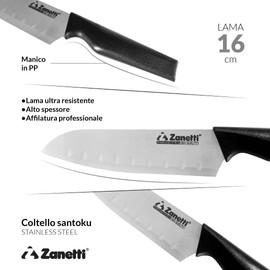 Zanetti, Coltello Santoku Modello Pro, Coltello Acciaio Inox Lucido, Lama 16 cm, Spessore 1.5 mm, Coltello Cucina, Coltello Santoku Giapponese, Manico Ergonomico in Polipropilene