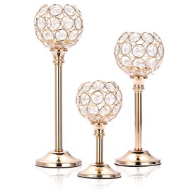 OwnMy Set of 3 Gold Crystal Bowl Candlestick Holders Metal Crystal Tealight Candelabras, Tall Crystal Votive Candlesticks Elegant Crystal Candle Stand for Dining Table Centerpiece Wedding Candle Decor