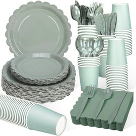YMDOBIGER 175 Pcs Green Party Supplies - Sage Green Paper Plates and Napkins Scalloped Disposable Tableware Cutlery for Baby Shower Birthday Party Decorations, Serves 25