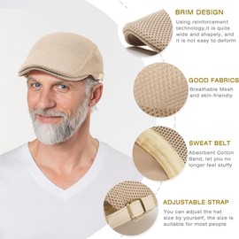 Taidor 2 Pack Men's Mesh Cap Breathable Summer Newsboy Hat Adjustable Beret Ivy Cap Irish Cabbie Driving Hunting Hats Black/Beige