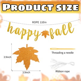 Totelux Happy Fall Banner Decoration Gold Orange Maple Leaf Sign Glitter Autumn Hanging Banner for Wall Home Office Thanksgiving Party Decor Supplies