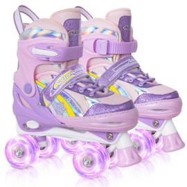 Nattork Toddler Roller Skates for Little Kids Toddler Ages 3-5 3 4 5, 4 Size Adjustable Girls Rainbow Quad Skates with All Light Up Wheels - Best Birthday Gift for Outdoor Sports