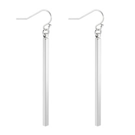 Platinum Long Bar Dangle Earrings for Women Dainty Silver Vertical Bar Drop Earring Minimalist Cuboid Geometric Jewelry for Ears