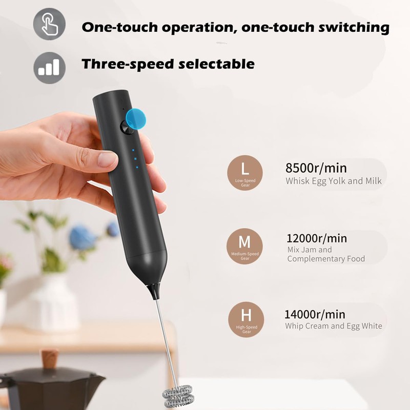 Hemixye Rechargeable Milk Frother Wand with Stand-Electric Whisk 3 Speed