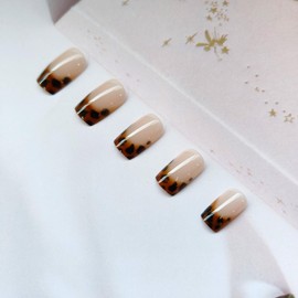 French Tip Press on Nails Medium Square Fake Nails with Leopard Print Designs Glossy Full Cover Nude Glue on Nails Cheetah Nails Acrylic Stick on Nails for Coquette Women Girls 24 Pcs