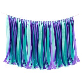 WANDIC Ribbon Tassel Garland, Mermaid Fabric Banner Backdrop Bunting Hanging Decoration for Baby shower, Weddings, Birthday, Anniversary, Graduation Party Decor