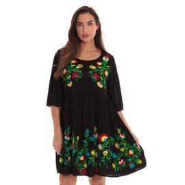Riviera Sun Rayon Crepe Short Dress with Multicolored Embroidery 21824-BLK-3X
