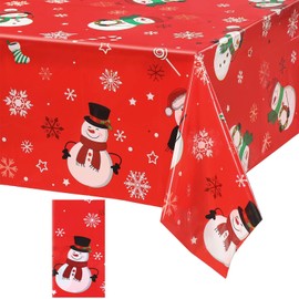 Irenare 1 Pieces Snowman Christmas Party Tablecloth Decorations Plastic Snowman Snowflakes Table Cover Winter Snowman Christmas Tablecloth for Xmas Holiday Birthday Party Decor, 54 x 108 Inch (Red)