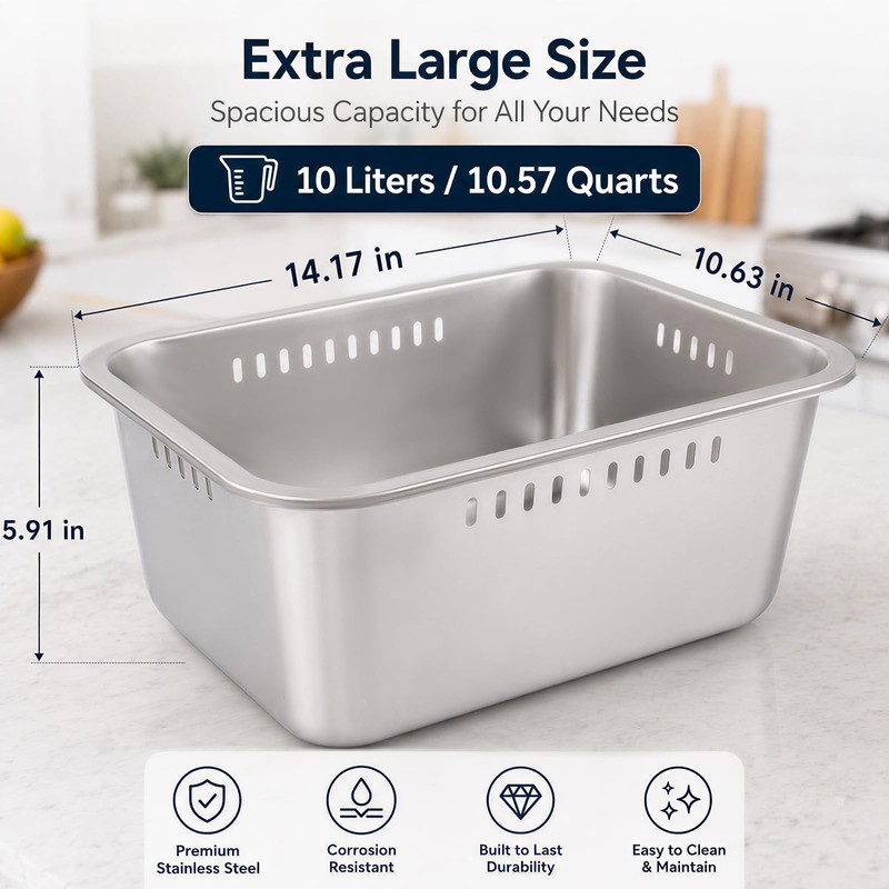 3 Pack Dish Pans for Kitchen Sink, Stainless Steel, 10L,