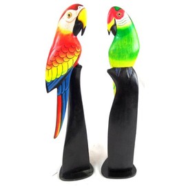 Hand Carved Pair Set of 2 Green and RED Wood Parrots Birds ON Stands