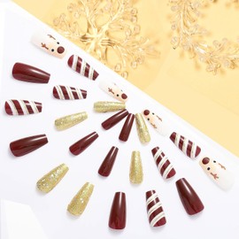 Christmas Press on Nails Coffin Long Length, 24Pcs Glitter Artificial Winter Fake Nails with Xmas Elk Designs Glossy Full Cover Square False Nails Glue Stick on Fingernails for Women(JP1285)