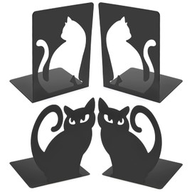2 Pairs of Bookends Metal Cat Bookend Non-Slip Bookend Book Stand Black Bookends Book Holder for Books DVDs Book Holder for Shelf, Office, Library, Home and School