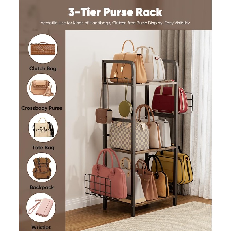 Tuohours 3-Tier Purse Organizer Rack, Iron & Wood Floor-Standing Bag