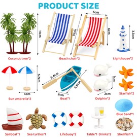 Huanmin Beach Micro Landscape 27-Piece Beach Decoration Miniature Set, Mini Beach Chair Decoration, Miniature Deck Chair, Parasol, Palm Tree, Turtle and Sea, Shells Decoration, for DIY, Garden