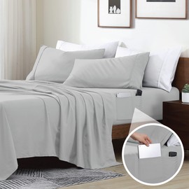 Swift Home Smart Sheets, Ultra Soft Brushed Microfiber 4-Piece Sheet Set, Fitted Bed Sheet with Side Storage Pockets – Silver, Queen