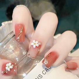 HAPVITAL 24 Pcs Nail Tip, Nail Tip, 3D Nail Tip, Handmade Nail Tip, Japanese Style, Bride, Long, Glossy False Nails, Wedding Nail Tips, Cute (Flower Design)
