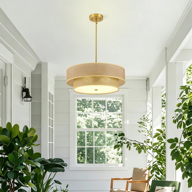 17.7 Inch Woven Rattan Linen Semi Flush Mount Ceiling Light