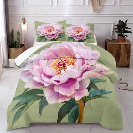 CCoutueChen Pink and Green Floral Comforter Set Queen Size Sage Green Flower Print Comforters Chic Vintage Flowers Bedding Set Aesthetics Bedding for Girls Women Ultra Soft Microfiber Comforter Sets