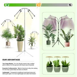 Yiyehu Grow Lights for Indoor Plants Full Spectrum,15-62 Inches Height Adjustable Dsektop and Standing Plant Growing Lamps with Detachable Tripod Stand, Auto On/Off Timer (Full Spectrum, Four Heads)