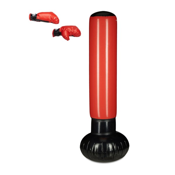 Relaxdays Anti-Frust Free Standing Punch Bag, Inflatable Punch Bag, Boxing Stand for Children, 160 cm Tall, Black/Red