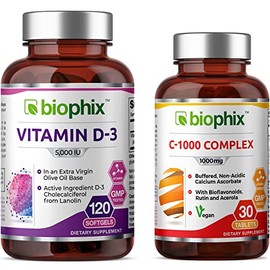 Vitamin D-3 5000 IU 120 Softgels - Free Vitamin C-1000 30 Tablets - High-Potency in Extra Virgin Olive Oil Non-GMO Soy-Free Supports Strong Bones Immune Health and K2