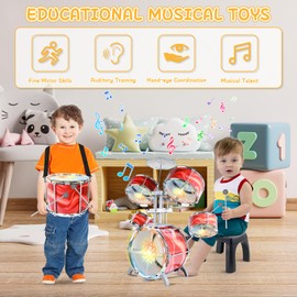 deAO Kids Drum Set Upgraded Kids Jazz Drum Set with 5 High Drums & Lights, Vibrating-Controlled, Drum Kit Musical Instruments Toys for Toddlers 3-5 Birthday (Red)