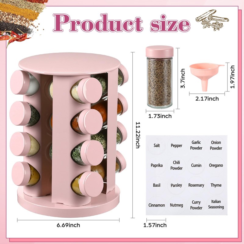 Yungyan Pink Rotating Spice Rack Seasoning Organizer with 16 Empty