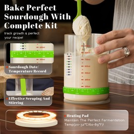 Pro Sourdough Starter 10-In-1 Kit – 34 Oz Glass Jar With Lid, Cloth Cover, Date Band, Brush, Temp Strip, Silicone Spatula, Heating Mat – Sourdough Bread Baking Supplies, Glass Container, Green