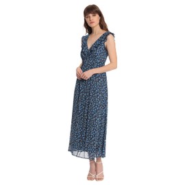 Donna Morgan Women's Floral Printed Ruffle V-Neck Midi Dress, Navy/Blue, 2