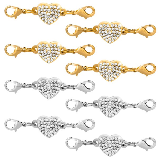 ASTER Pack of 8 Magnetic Jewellery Clasps, Magnetic Clasp, Heart Magnetic Jewellery Clasp, Double Chain Clasp for DIY Bracelet, Making Necklace, Jewellery Making