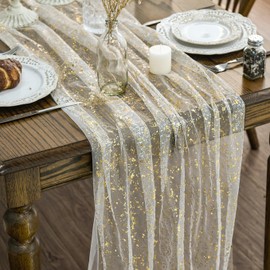 Artoid Mode Beige Gold Gauze Table Runner 120 Inch 10FT, Glitter Metallic Foil Sheer Chiffon Cheesecloth Dining Wedding Anniversary Holiday Birthday Table Decor for Home Party