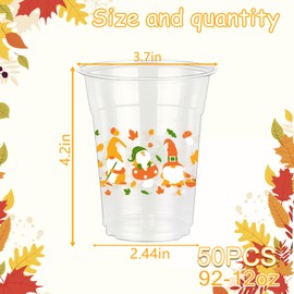 CIEOVO 50 Pack 12oz Fall Party Cups, Thanksgiving Disposable Clear Plastic Cups with Fall Pumpkin Maple Leaf Gnome for Autumn Thanksgiving Wedding Party Beer Beverage Ice Cream Snacks Decoration