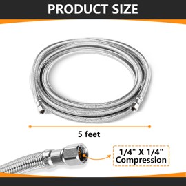 (1 Pack) HeSun 5-FT Ice Maker Supply Line, 1/4" Compression Stainless Steel Refrigerator Water Hose Connector(HOSE002)