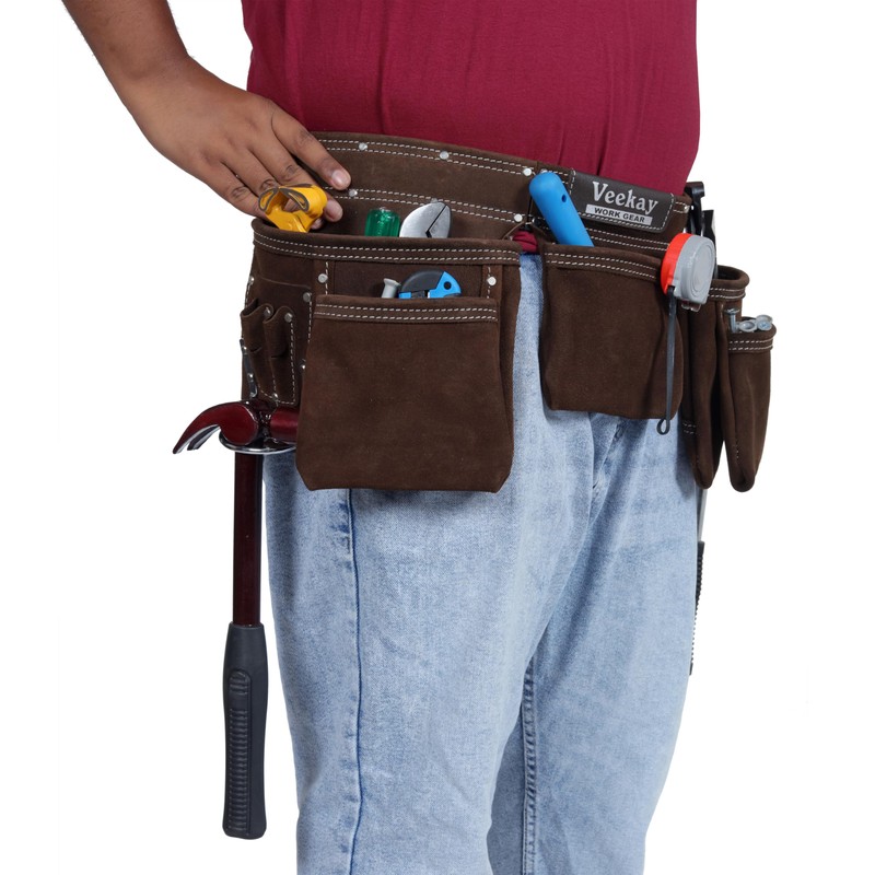 VEEKAY Brown Leather Tool Belt 11 Pocket Suede with 2-Inch