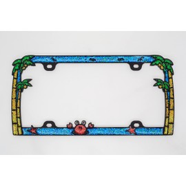 Creathome 3D Shining Palm Trees Crab License Plate Frame from Pure Zinc Alloy Metal Perfect Plate Holder, Matt Black with Colorful Glitters