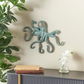 Deco 79 Polystone Octopus Decorative Sculpture Distressed Patina Home Decor Statue with Gold Foil Accents, Accent Figurine 16" x 15" x 2", Blue