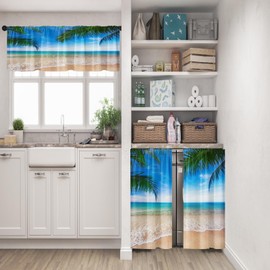 Tayney Beach Kitchen Curtains Tropical Palm Window Curtains Valance and Tier Set 36 Inch, Summer Ocean Short Tier Curtain, Blue Ocean Small Kitchen Decor