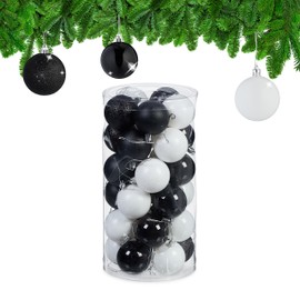 Relaxdays Christmas Baubles Set of 30 Plastic Diameter 6 cm Christmas Tree Decoration Shatterproof Black / White