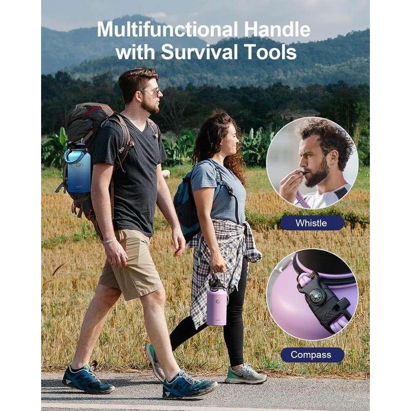 64oz Insulated Water Bottle with Paracord Handle, INSPI Half Gallon