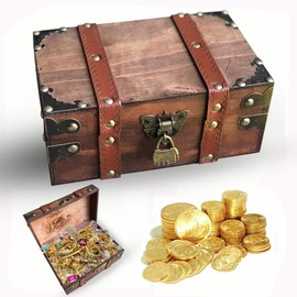fuzhik Vintage Wooden Treasure Chest, Storage Treasure Chest with Combination Lock, Treasure Chest for Children for Storage, Decoration, Children's Birthday, 21 x 14 x 9 cm (Grey)
