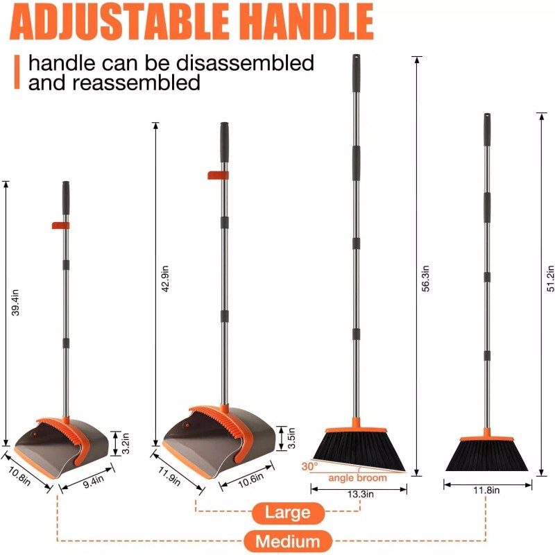 Durable Broom and Dustpan Set with 52" Adjustable Long Handle