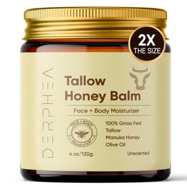 DERPHEA Beef Tallow for Skin - Tallow and Honey Balm with Raw Manuka Honey from New Zealand - Tallow Face Moisturizer for Extremely Dry, Sensitive, and Aging Skin - Unscented 4 OZ