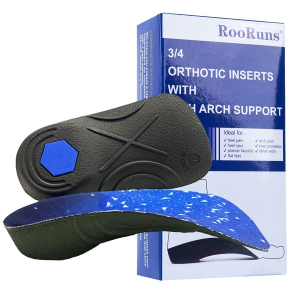 RooRuns Orthotic Inserts 3/4 Length, High Arch Support Foot Insoles for Over-Pronation Plantar Fasciitis Flat Feet Heel Pain Relief Shoe Inserts for Running Sports, M(Men 6.5-8.5/Women 7.5-9.5)
