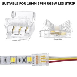 LightingWill LED Connectors 3Pin 10mm, 10 PCS Strip to Wire Connector Transparent Solderless, LED Tape Light Connector 3 Conductor No Dark Area for SMD 5050 Single Color LED Strips