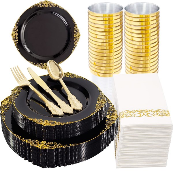 Hioasis 175pcs Black and Gold Plastic Plates - Black Gold Disposable Plates Include 25 Dinner Plates,25 Dessert Plates,25 Knives,25 Forks,25 Spoons,25 Napkins Perfect for Paries & Wedding