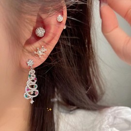 Peasimy Full Diamond Christmas Tree Stud Earrings Sparkling Colored Rhinestone Holiday Dangle Earrings for Women Xmas Party Jewelry, Large, Metal, No Gemstone