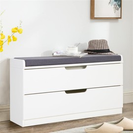 MAISON ARTS Shoe Storage Bench with Padded Seat Cushion, Premium MDF Benches with 2 Drawers for Entryway, Hallway, Bedroom - White