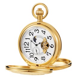 Tiong Hollow Double Gold Arabic Numerals Digital Moon Dial Steampunk Men's Mechanical Pocket Watch, Men's FOB Chain Mechanical Pocket Watch