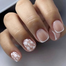White French Tip Press on Nails Short NEWSPIED Petite Flower Fake Nails with Designs Full Cover Acrylic Nails White Floral False Nails Glossy Cute Glue on Nails for Women Girls Manicure 24Pcs